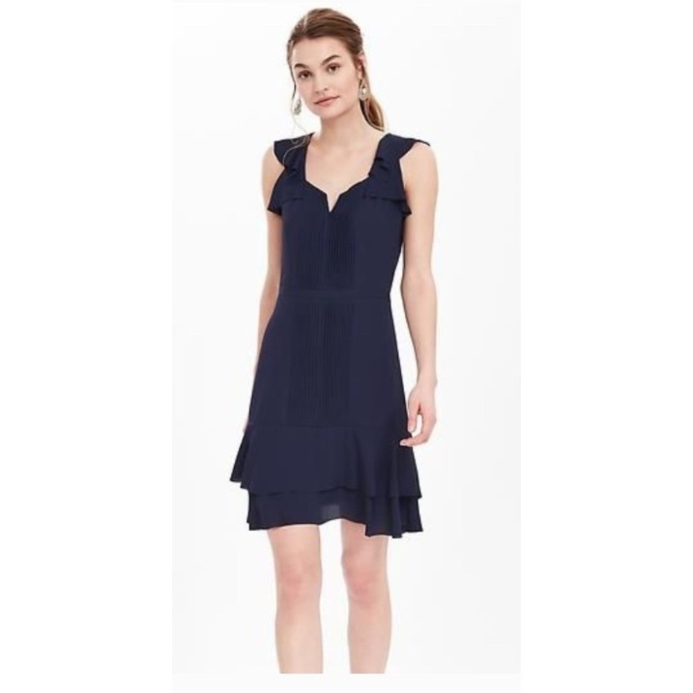 Banana Republic Navy Blue Pleated Pintuck Ruffle Dress Size 2 Old Money Preppy